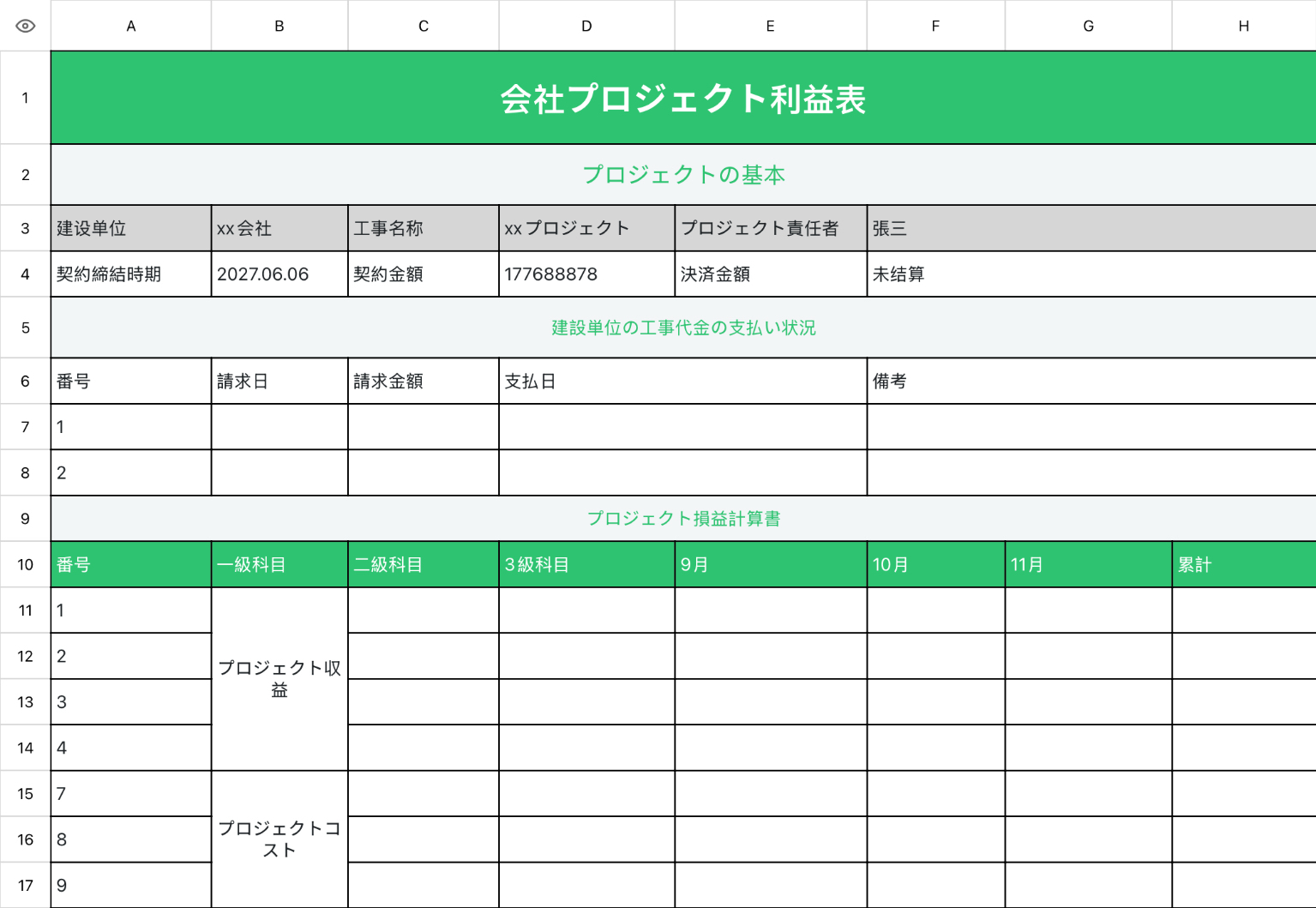Profit and loss statement of company projects